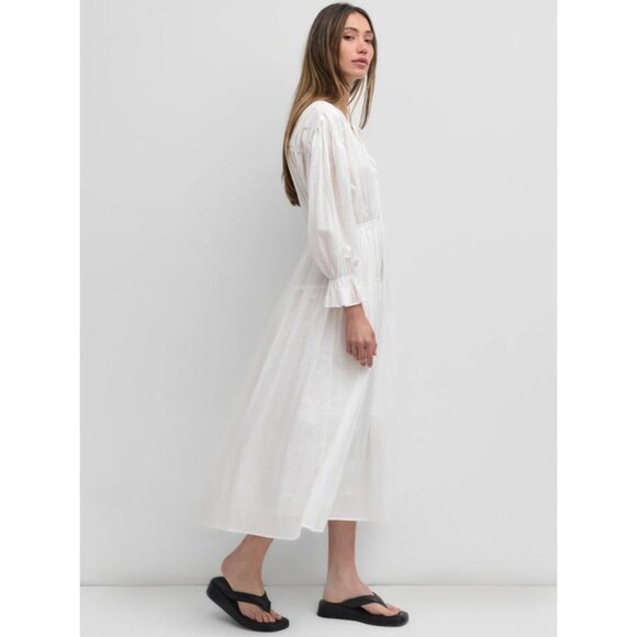 White Cotton Peasant Dress -Midi Length Smocked Waist Boho Style - Picture 3 of 4